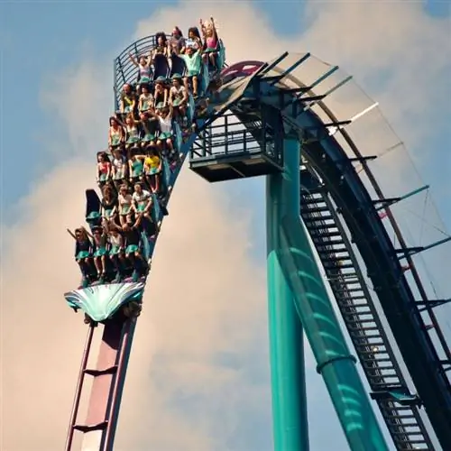 Молодые люди веселятся на американских горках.