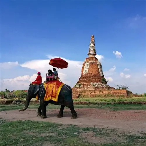 Туристы верхом на слоне проезжают мимо исторического храма в Таиланде, Юго-Восточная Азия
