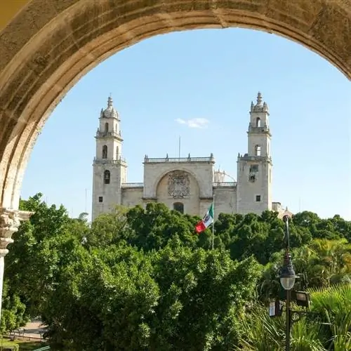 Башни-близнецы и часть фасада собора Мериды, вид из арки, частично покрытой деревьями, Мерида, штат Юкатан в Мексике