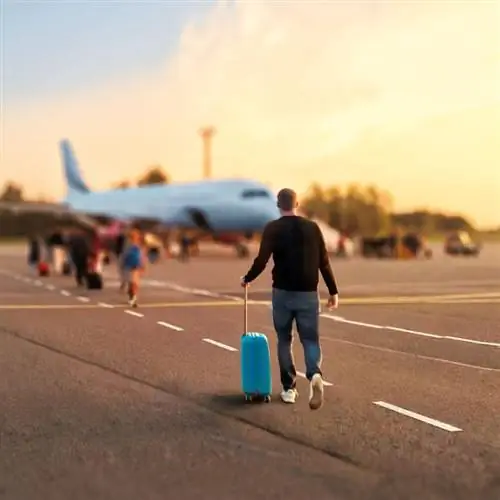 Мужчина идет по взлетной полосе к самолету, таща за собой синий чемодан.