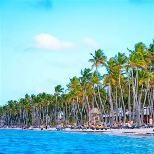 Голубые воды Пунта-Каны выбрасывают на берег под пальмами во время весенних каникул.