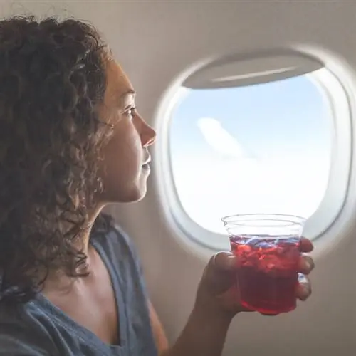 Женщина держит напиток в самолете рядом с окном