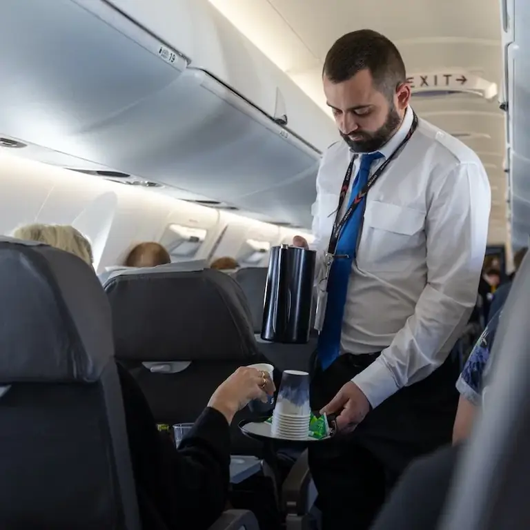 Экипаж самолета предлагает путешественникам что-нибудь выпить