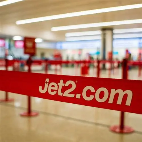 Очередь или разделитель линий Jet2 в международном аэропорту Бирмингема, Великобритания, авиаперелеты в Европе
