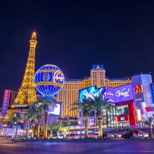 Некоторые из знаменитых достопримечательностей Лас-Вегаса ночью освещаются неоновыми огнями