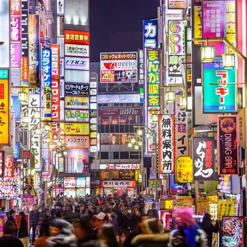 Оживленная улица Токио освещена множеством ярких вывесок
