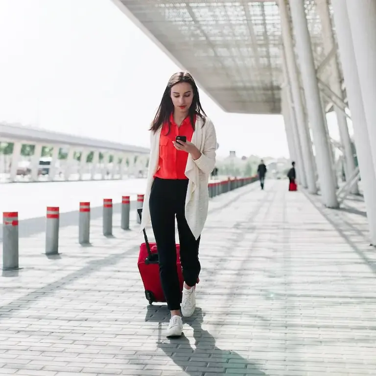 Женщина, С, Красный, Чемодан, Прогулки, Вдоль, Аэропорт, И, Переговоры