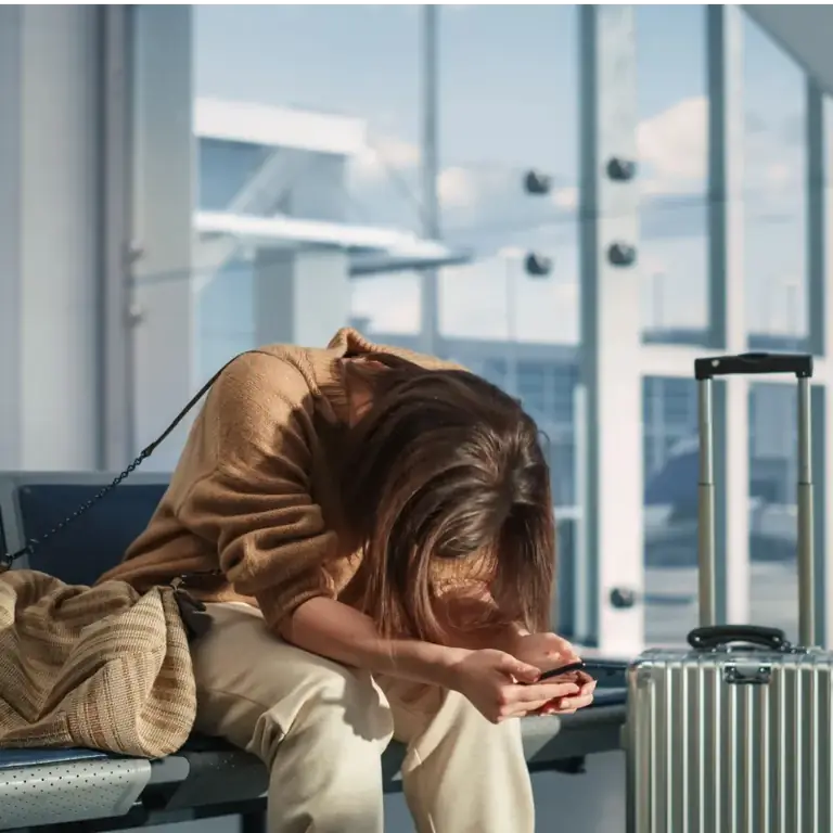 женщина расстроена в аэропорту