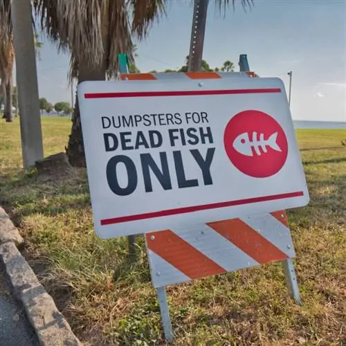 Знак мусорного контейнера с мертвой рыбой