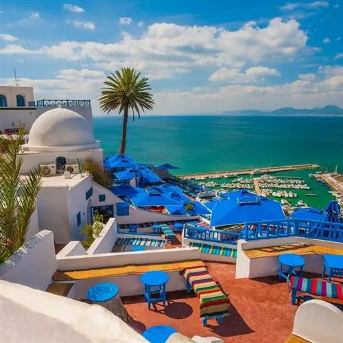 Город Сиди-Бу-Саид на средиземноморском побережье Туниса, Северная Африка