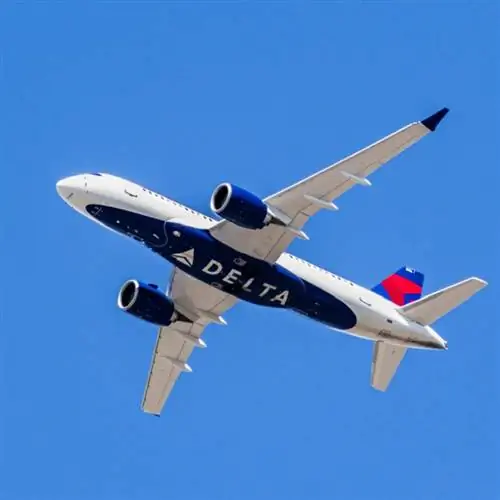 Самолет Delta Airlines в полете; логотип Delta виден на нижней части самолета; фон голубого неба.