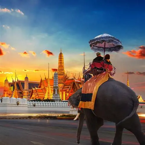 Пара туристов верхом на слоне с видом на храм Ват Пхра Кео во время заката в Бангкоке, Таиланд, Юго-Восточная Азия