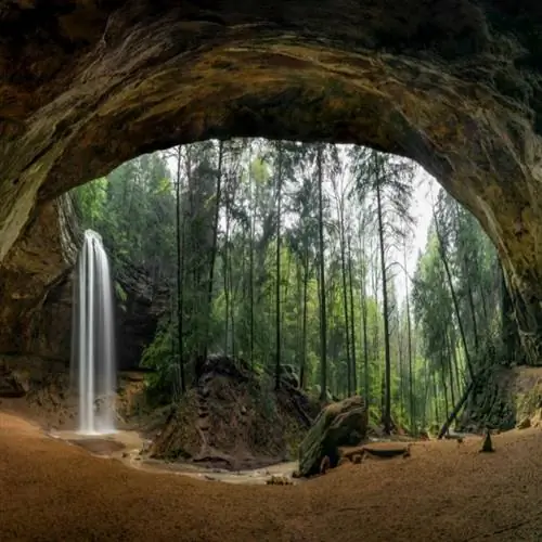 каменная пещера и лес в Хокинг-Хиллз, штат Огайо