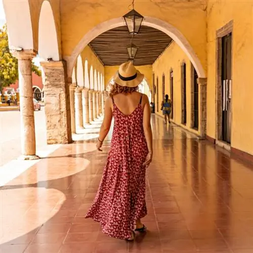 Молодая женщина в шляпе, вид сзади, идущая по арочному коридору в исторической части города Вальядолид, Мексика (1)