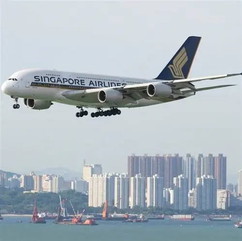 Самолет Singapore Airlines на фоне города