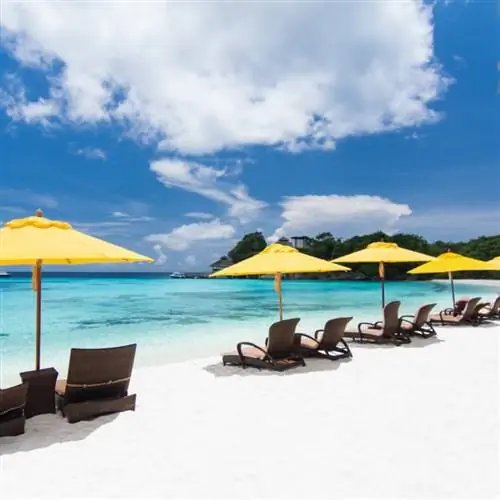 Зонтики и стулья на тропическом пляже.