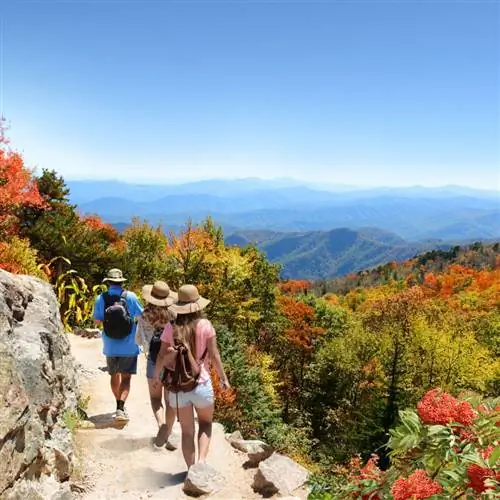 Люди идут по тропе в Эшвилле осенью