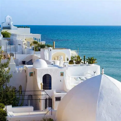 Традиционные белые тунисские дома на берегу моря в Хаммамете, с видом на Средиземное море, Тунис, Северная Африка