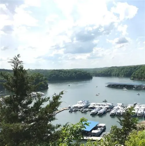 Озеро с рядом лодок в окружении деревьев