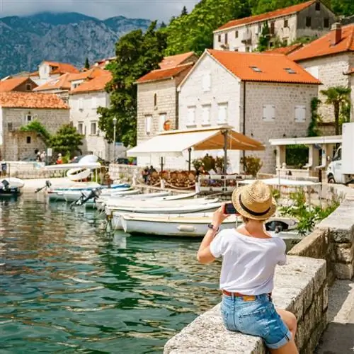 Турист фотографируется в Перасте, Черногория