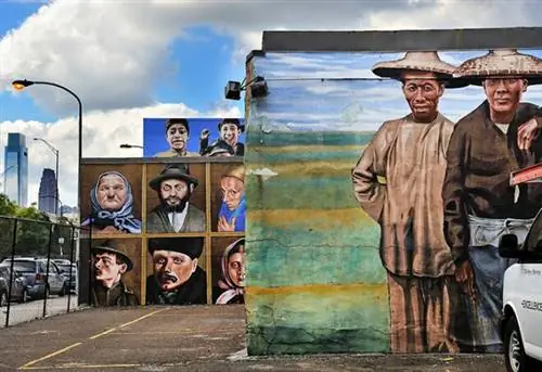 ¥¥История иммиграции¥¥, восстановленная фреска Саймона Хьюлсбека, Кэллоухилл и 2-я улица, Филадельфия, Содружество Пенсильвании, северо-восток США,.