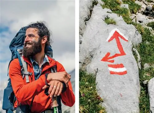 Слева направо: попутчик на тропе; раскрашенные камни служат указателями троп