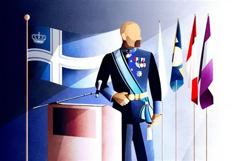 Королевское платье МакГенри включает в себя полуночно-синий жакет с кобальтово-синими манжетами и воротником, небесно-голубой пояс, золотой пояс и медали Westartica.