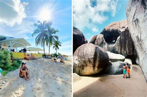 Слева: пляжный бар Cow Wreck, где мы остановились, чтобы выпить ромового пунша. Справа: Бани, лабиринт из валунов на Верджин-Горде, образованный подводным вулканом.