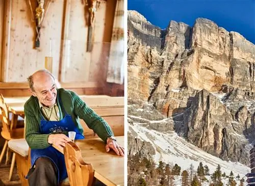 Эрвин наслаждается своей сосновой граппой в Rifugio Santa Croce.