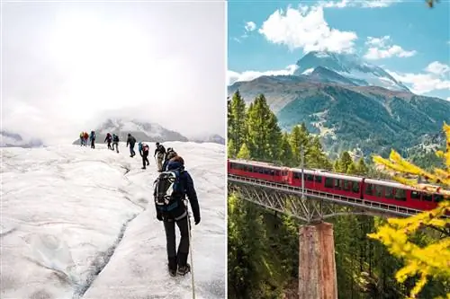 Поход с гидом на ледник Алеч (слева); поезд Gornegrat Bahn, идущий из Церматта на смотровую площадку Маттерхорна и в центр интерпретации (справа).