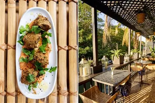 Слева направо: в баре Layla подают невероятно вкусные (и фотогеничные) ближневосточные блюда; Вы также можете пообедать на свежем воздухе.