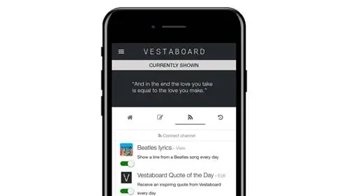 Приложение Vestaboard позволяет пользователям отправлять сообщения, подключаться к Twitter и другим социальным платформам или подписываться на каналы, которые ежедневно доставляют сообщения на их доску.