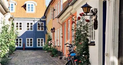 Разноцветные домики в булыжном переулке.