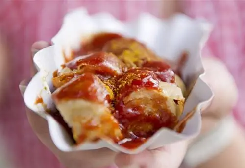 Imbiss mit Currywurst фрау фор Коннопке в руке