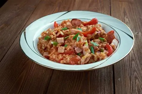 Белая тарелка с рисом, перцем и зеленым луком внутри