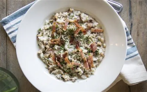 Белая тарелка риса и гороха на деревянном столе