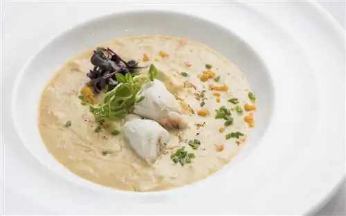 Бежевый суп с зеленым гарниром в белой тарелке