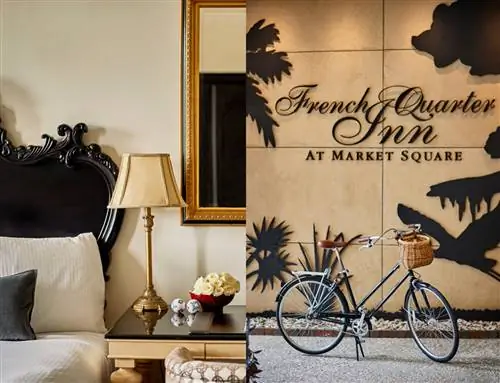 На левом изображении показана кровать рядом с прикроватной тумбочкой. На правом изображении показаны слова French Quarter Inn на Market Square на стене над синим велосипедом.