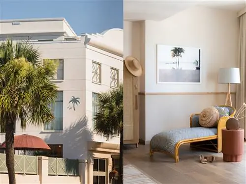 На левом изображении изображен отель с пальмой впереди. На правом изображении синее кресло в комнате бежевого цвета.