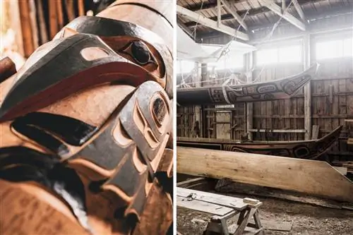 Тотемная резьба Кристиана Уайта (слева) Резной сарай Кристиана Уайта (справа)