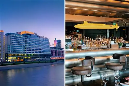 Внешний вид отеля Sea Containers (слева); интерьер бара