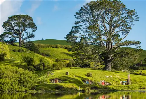 Круглые входные двери Hobbit Holes встроены в склон небольшого холма.