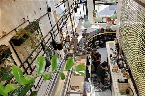 Аэрофотоснимок интерьера Dope Roasting Co., кофейни новой волны в Афинах.