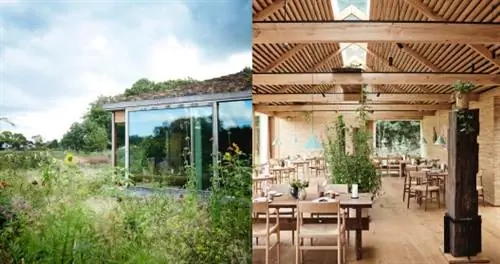 Два изображения: внешний вид Noma слева, интерьер Noma с обеденными столами и стульями справа.