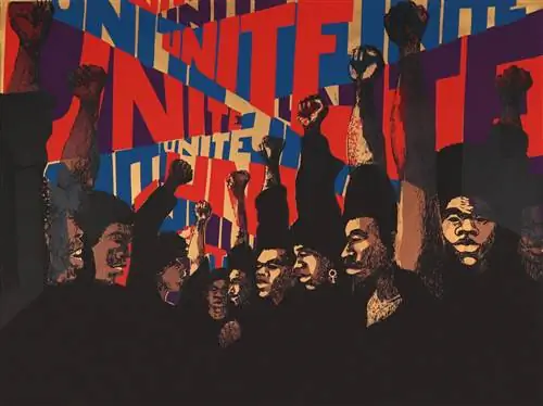 «Без названия» (1971) Барбары Джонс-Хогу, художницы из Чикаго, известной своей работой с Организацией чернокожей американской культуры и соучредителем коллектива художников AfriCOBRA. «Без названия» (1971) Барбары Джонс-Хогу, художницы из Чикаго, известной своей работой с Организацией чернокожей американской культуры и соучредителем коллектива художников AfriCOBRA.