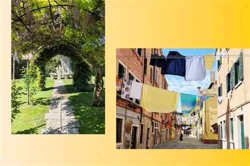 Слева: сады отеля Belmond Cipriani; Справа: белье висит над улицами Венеции.