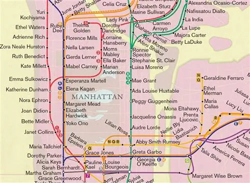 Более пристальный взгляд на версию карты 2019 года показывает остановки нью-йоркского метро, посвященные Джорджии О’Киф, Норе Эфрон, Йоко Оно и другим влиятельным женщинам в истории города.