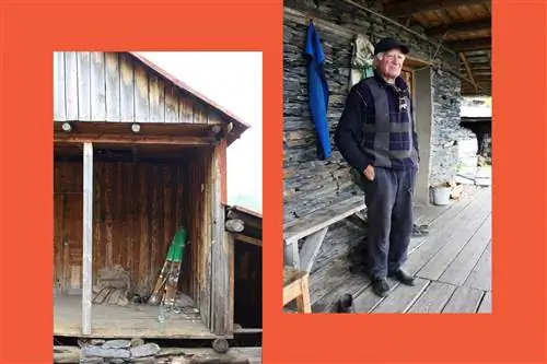 Хведагуридзе (справа) и самодельные лыжи, на которых он зимой путешествует по сельской местности.