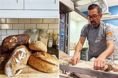 Слева: утренний улов из Barrio Bread включает в себя однозернянки, кунжут, пан-о-левен, Heritage и хлебцы с клюквой и грецкими орехами. Справа: Дон Гуэрра готовит буханки Super Seed к выпечке.