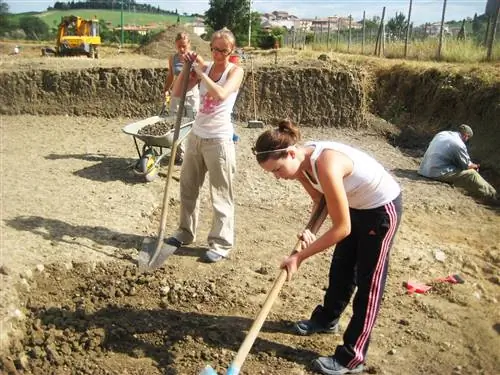 Писательница (стоит, с лопатой) и ее товарищи работают на раскопках в 2008 году.
